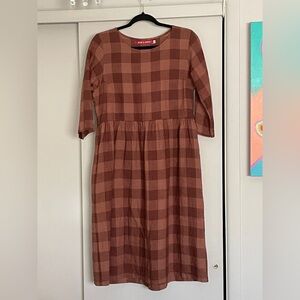 Pyne & Smith No.19 Boatneck Midi Linen Dress Brown Checkered Size Medium